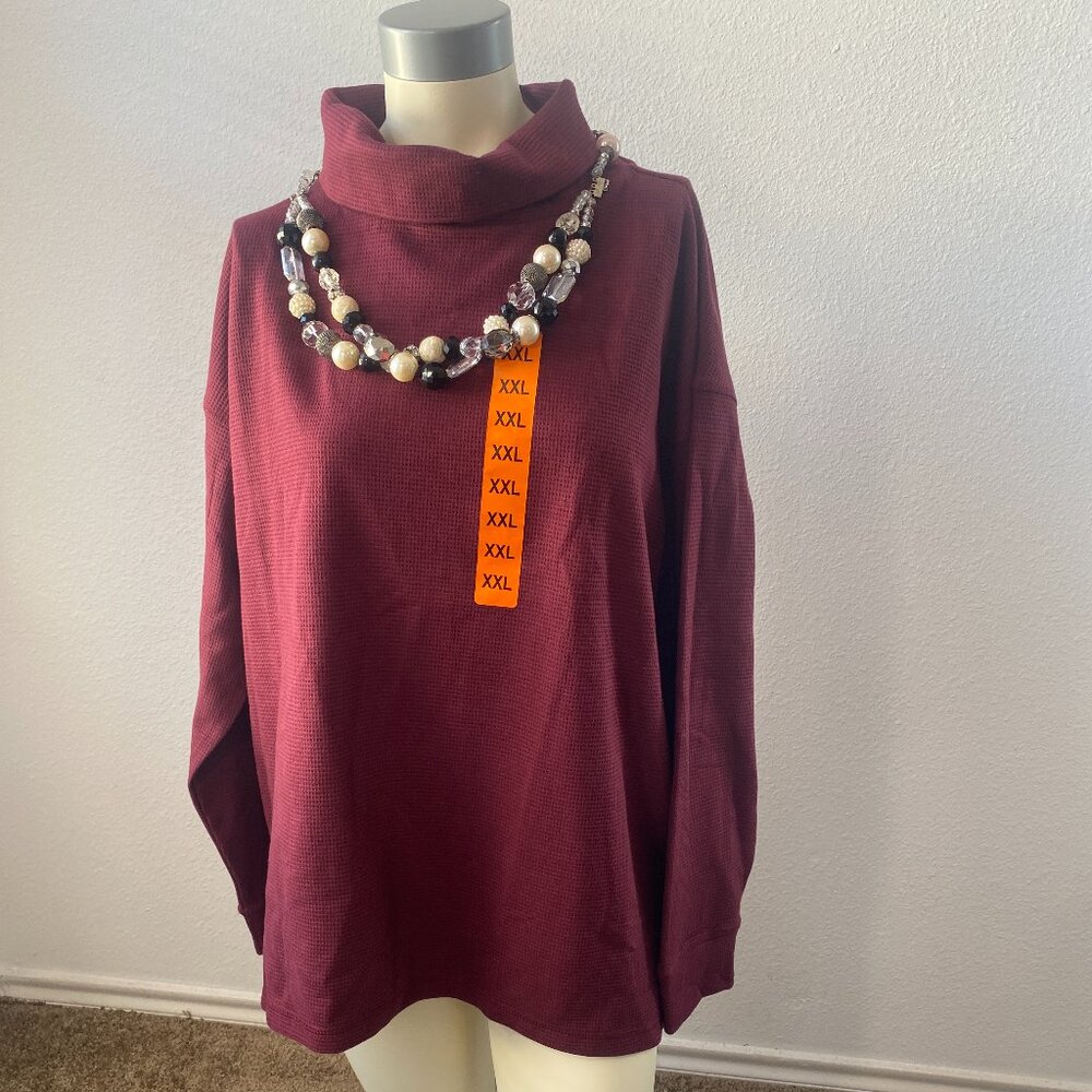 Lands' End Ladies' Waffle Funnel Neck long sleeve Top Red Size XXL